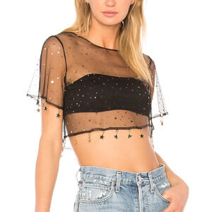 H:ours Black Sheer Crop Top Black XS Bralette Festival Star Fringe Revolve $118
